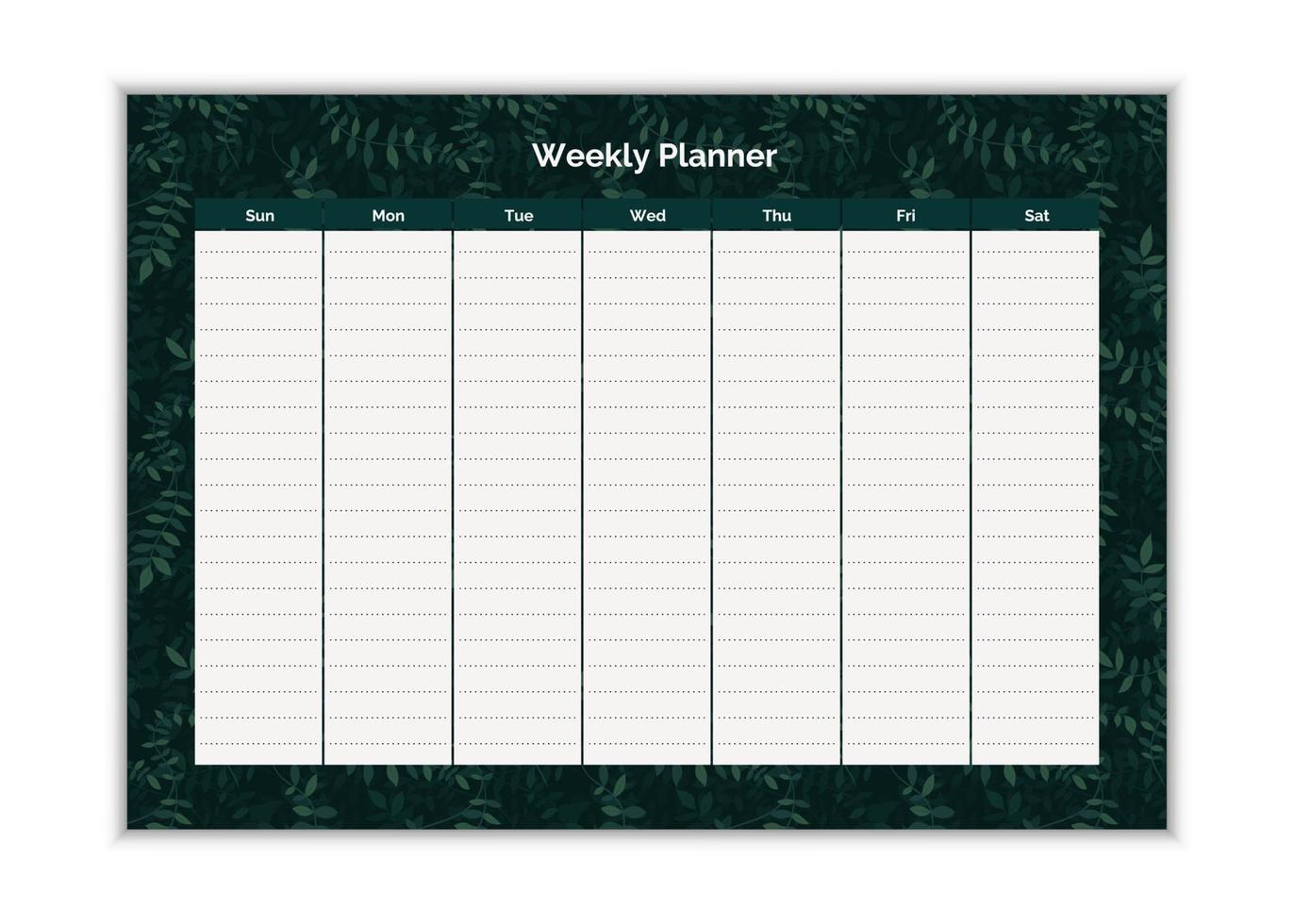 Royal green vector weekly planner design template. Elegant floral leaves organizer and notepad. Week calendar schedule printable to-do list.