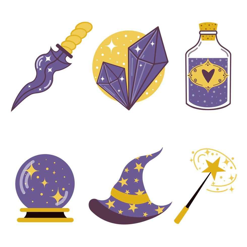 Vector set of magic artifacts. Elements of witchcraft- ritual dagger, hat, rhinestone, love potion, magic wand. Hand drawn colored doodles