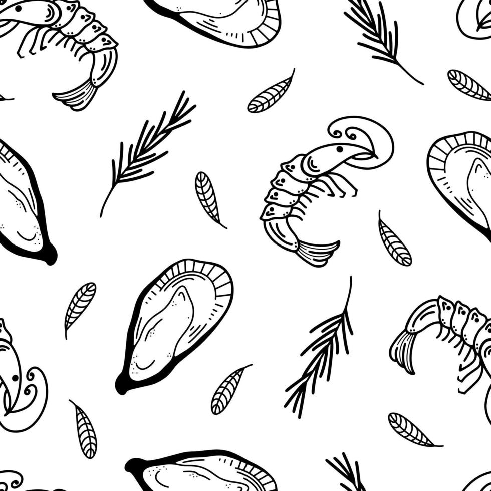 patrón de vector transparente de mariscos. gambas al mar y ostras con hojas de albahaca y romero. dibujado a mano, ilustraciones de garabatos negros, contorno, silueta sobre un fondo blanco