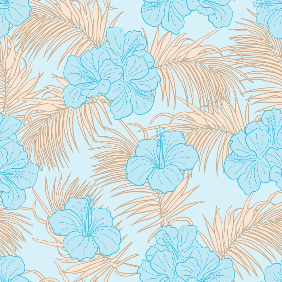 Hibiscus flowers and leaves seamless pattern background. Tropical nature wrapping paper or textile design. Beautiful print with hand-drawn exotic flower. vector