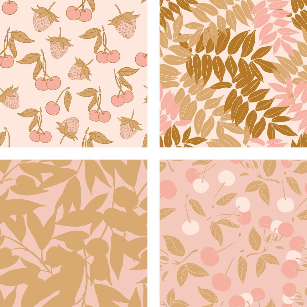 Beautiful flowers and summer fruits seamless pattern background set. Tropical nature wrapping paper or textile design set. Beautiful print with hand-drawn exotic plants. vector