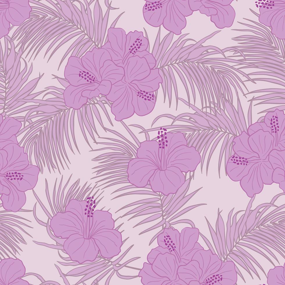 Hibiscus flowers and leaves seamless pattern background. Tropical nature wrapping paper or textile design. Beautiful print with hand-drawn exotic flower. vector