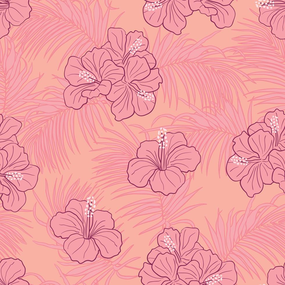 Hibiscus flowers and leaves seamless pattern background. Tropical nature wrapping paper or textile design. Beautiful print with hand-drawn exotic flower. vector