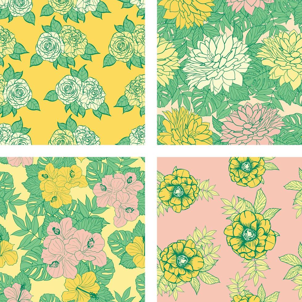 hermosas flores y frutas de verano conjunto de fondo de patrones sin fisuras. papel de regalo de naturaleza tropical o juego de diseño textil. hermoso estampado con plantas exóticas dibujadas a mano. vector