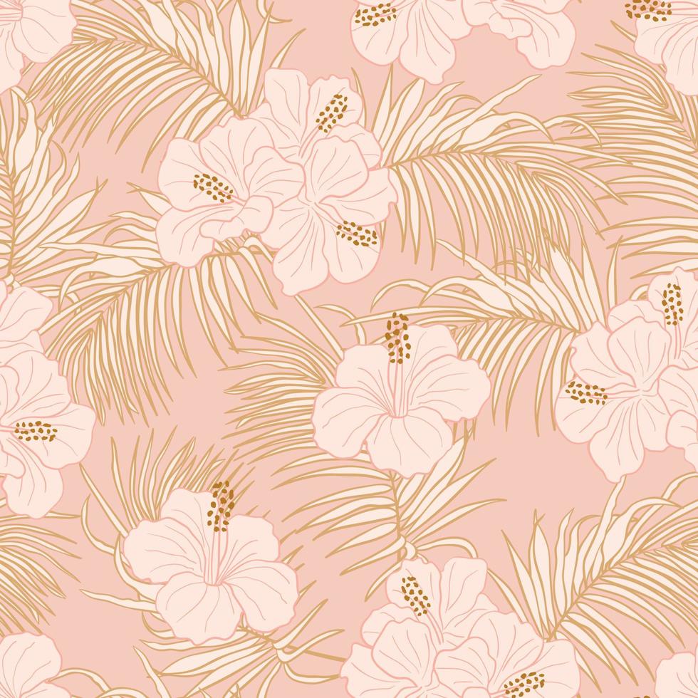 Hibiscus flowers and leaves seamless pattern background. Tropical nature wrapping paper or textile design. Beautiful print with hand-drawn exotic flower. vector