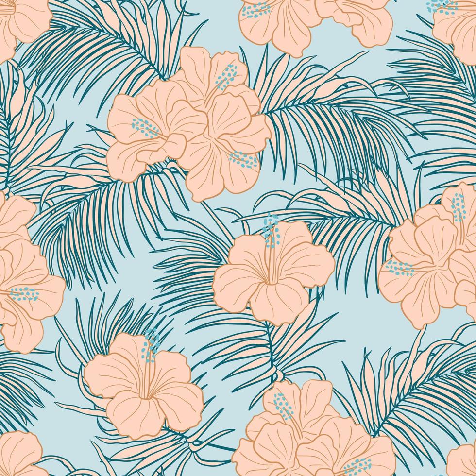 Hibiscus flowers and leaves seamless pattern background. Tropical nature wrapping paper or textile design. Beautiful print with hand-drawn exotic flower. vector