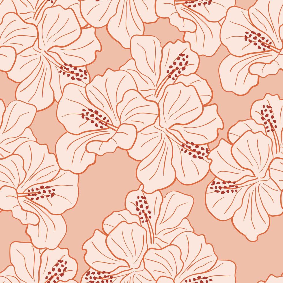 Modern tropical flowers seamless pattern design. Hibiscus flowers background. Exotic jungle wrapping paper. Beautiful print with hand drawn exotic plants vector