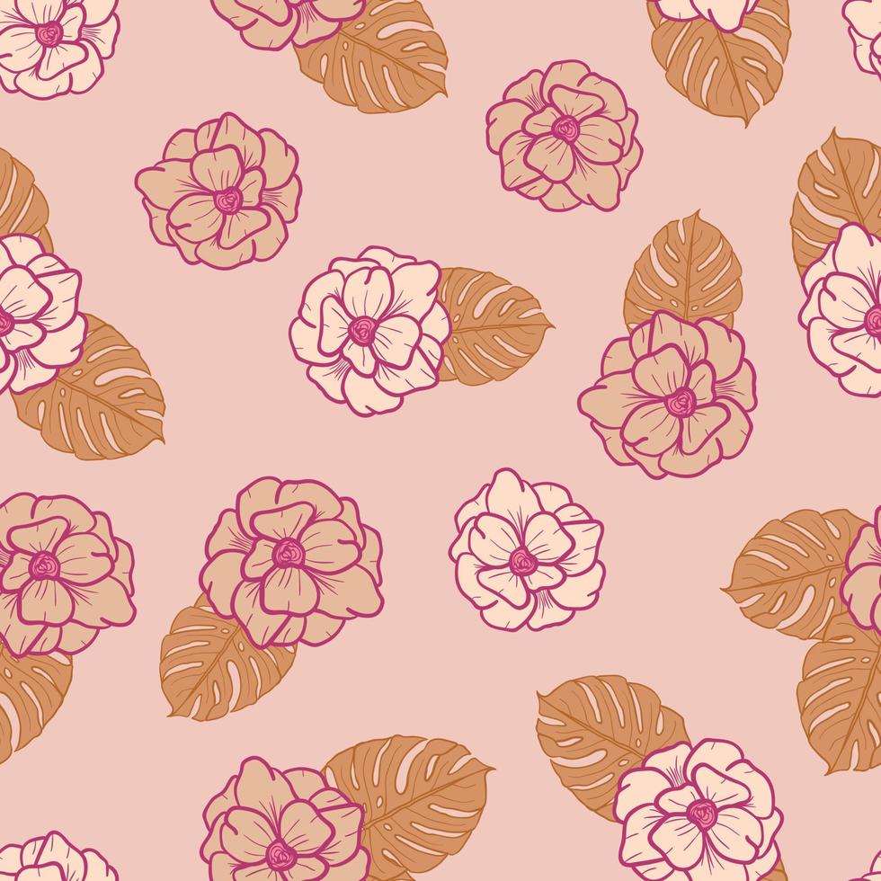 Anemone flowers and leaves seamless pattern background. Tropical nature wrapping paper or textile design. Beautiful print with hand-drawn exotic plants. vector
