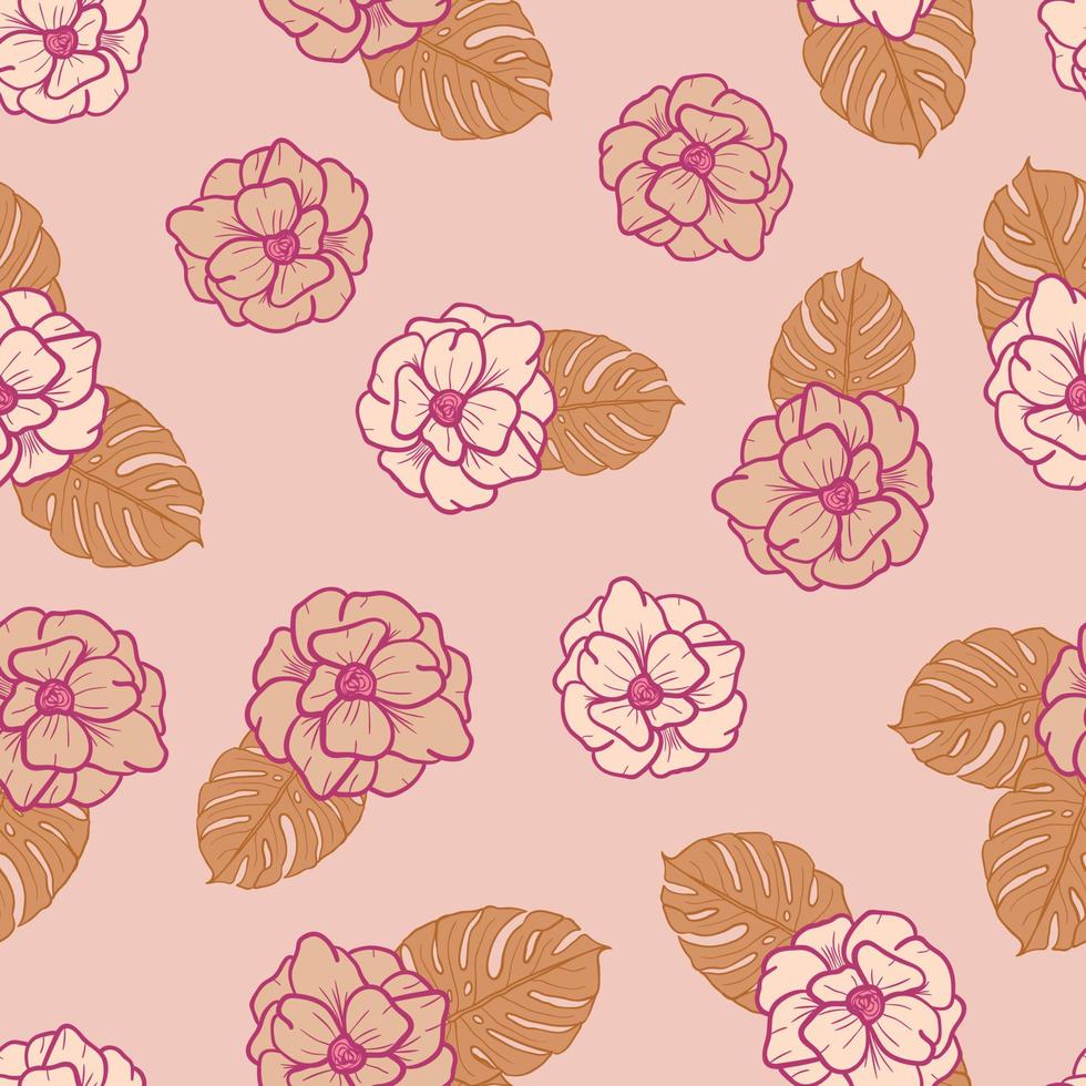 flores de anémona y hojas de fondo transparente. papel de regalo de naturaleza tropical o diseño textil. hermoso estampado con plantas exóticas dibujadas a mano. vector