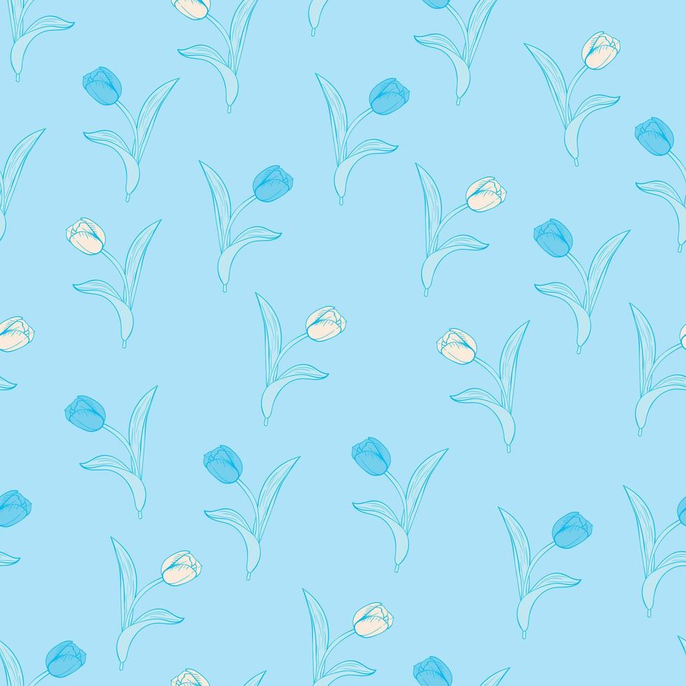 Tulip flowers and leaves seamless pattern background. Nature wrapping paper or textile design. Beautiful print with hand-drawn flower. vector