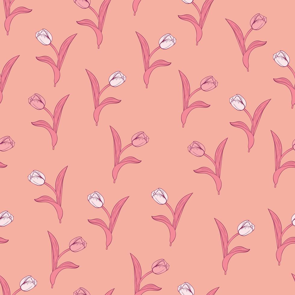 Tulip flowers and leaves seamless pattern background. Nature wrapping paper or textile design. Beautiful print with hand-drawn flower. vector