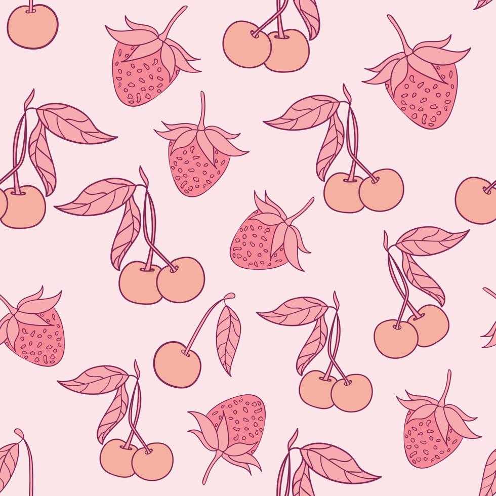 diseño de patrones sin fisuras de cereza y fresa. hermoso diseño de patrones sin fisuras de bayas tropicales. frutas tropicales y hojas de fondo transparente. vector