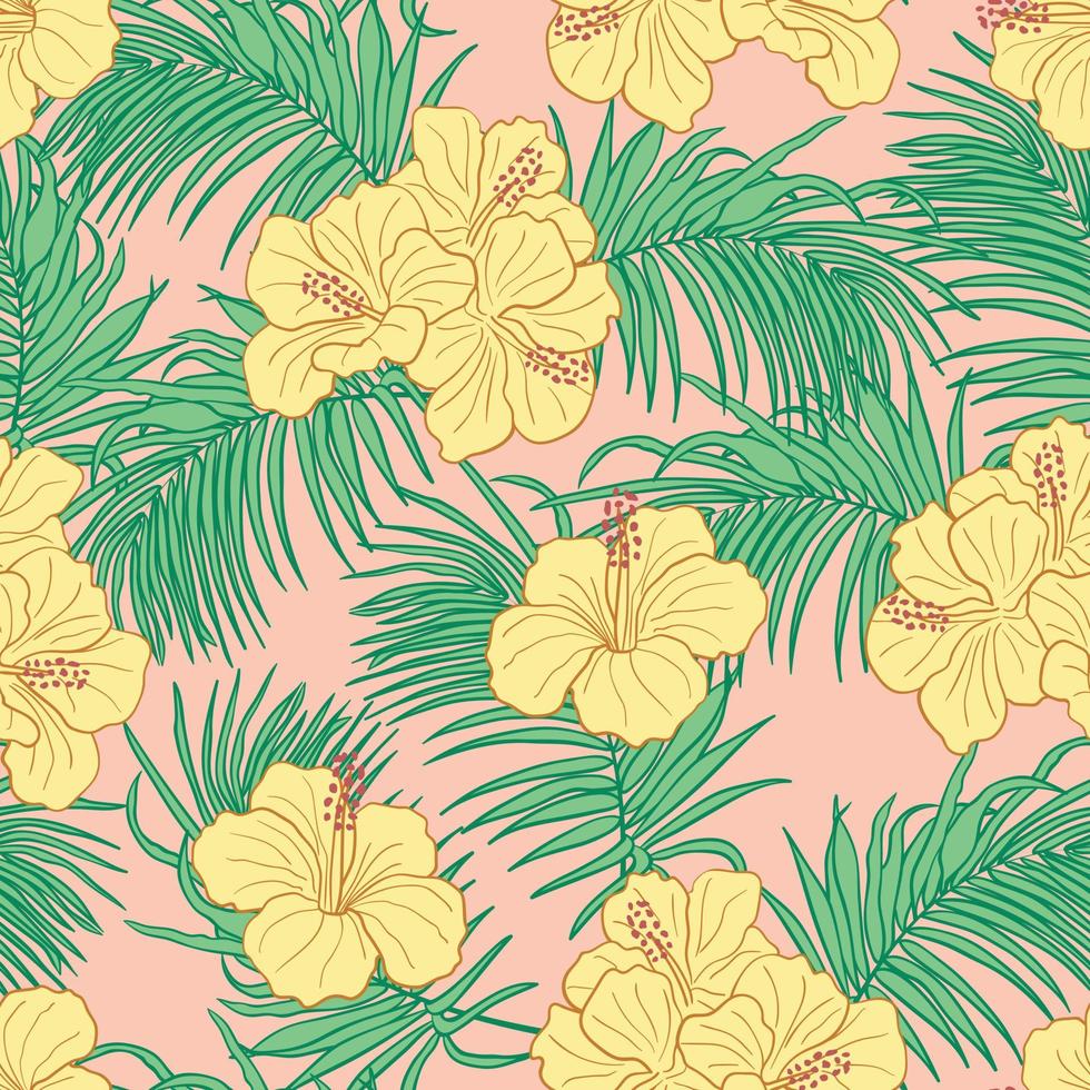 Hibiscus flowers and leaves seamless pattern background. Tropical nature wrapping paper or textile design. Beautiful print with hand-drawn exotic flower. vector