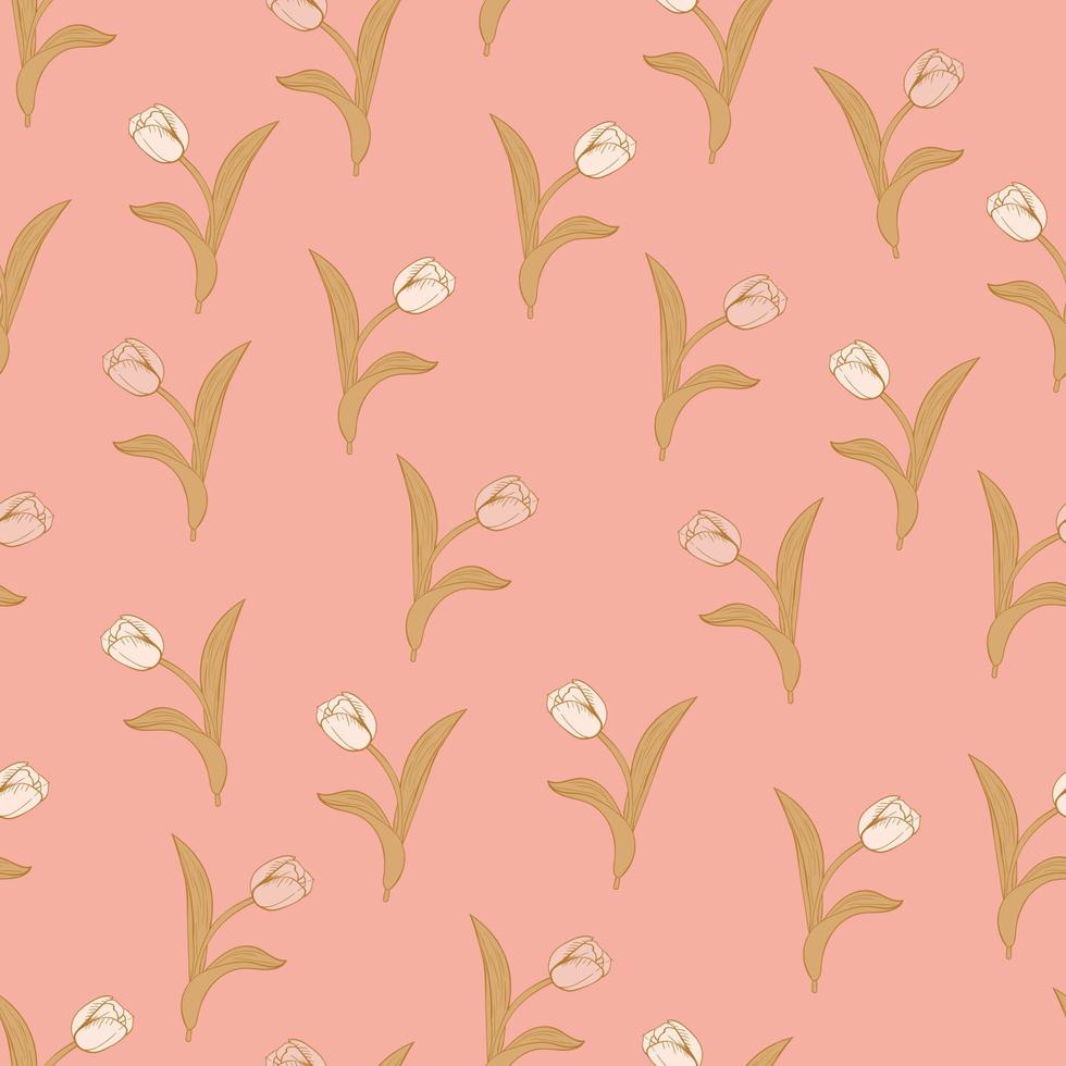 Tulip flowers and leaves seamless pattern background. Nature wrapping paper or textile design. Beautiful print with hand-drawn flower. vector