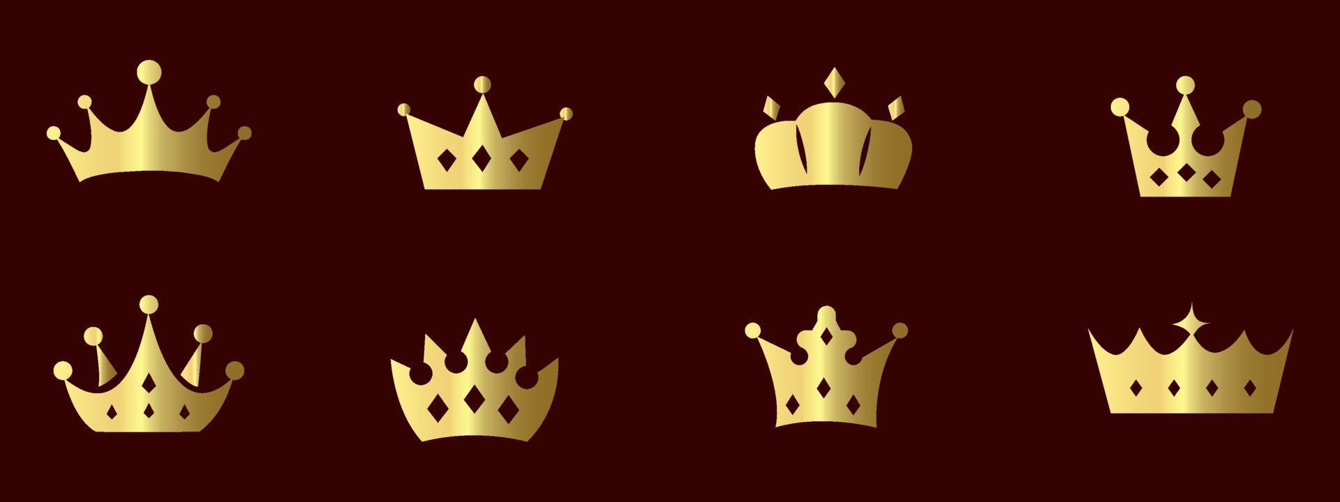 Set golden crown on brown background. Collection of crown awards for winners, champions, leadership. Vector isolated elements for logo, label, game, hotel, an app design.