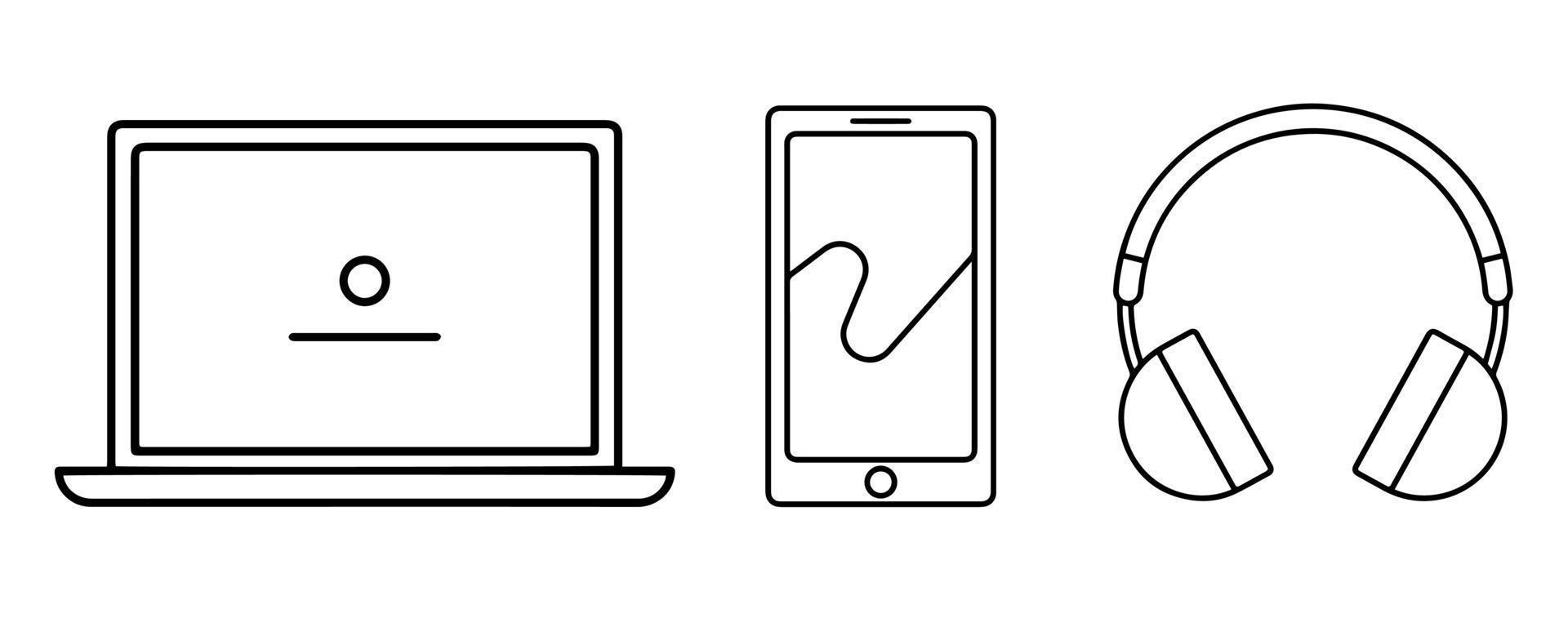 Ilustración de vector de icono de computadora, gadget y auriculares. diseño de línea simple sobre fondo blanco.