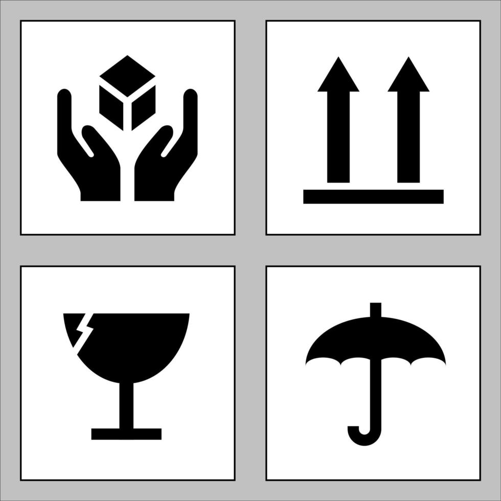 Packing symbols vector illustration set. Cardboard packaging for fragile items. Transport warning signs. Vector