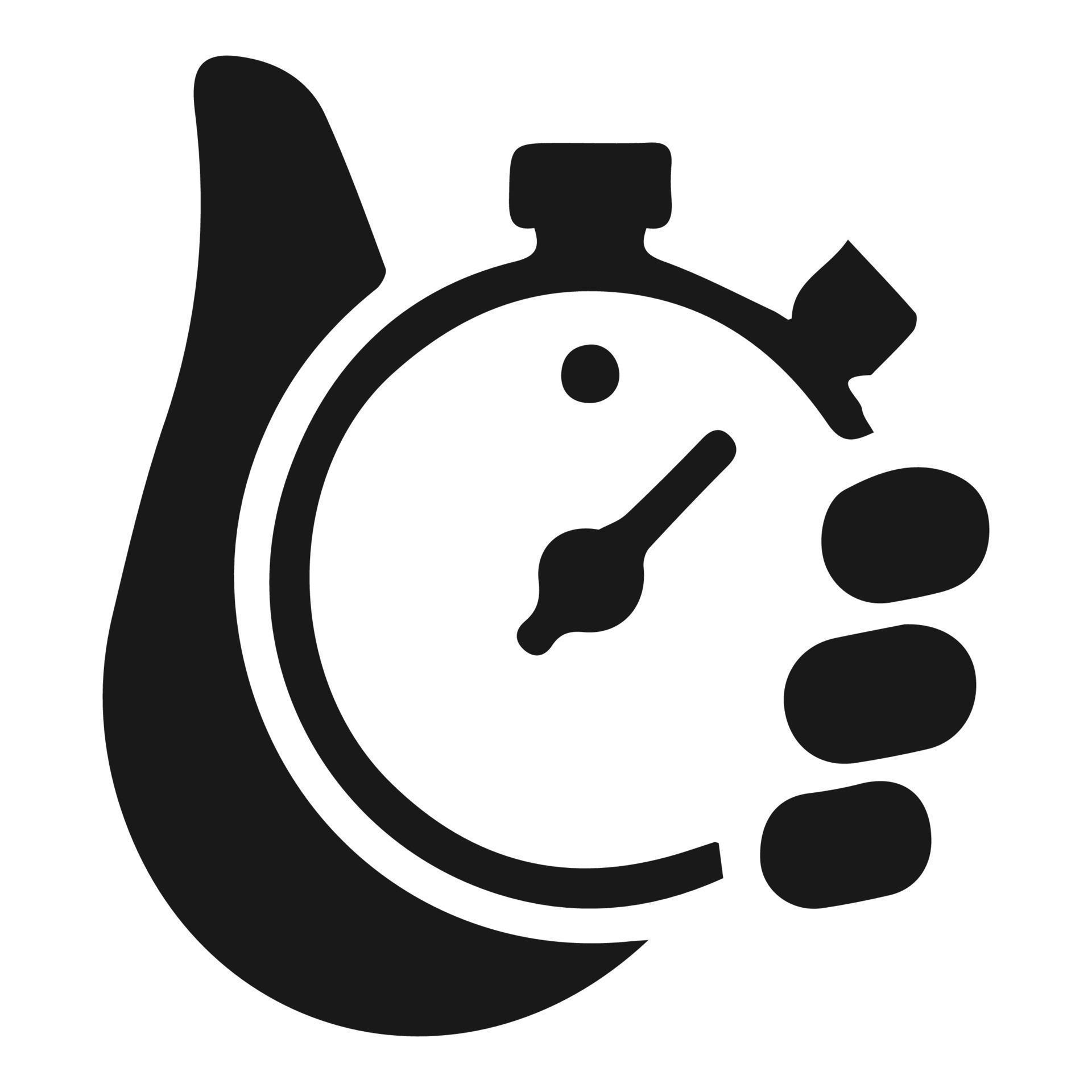 Timer icon in hand. Hand points at stopwatch timer. Start concept