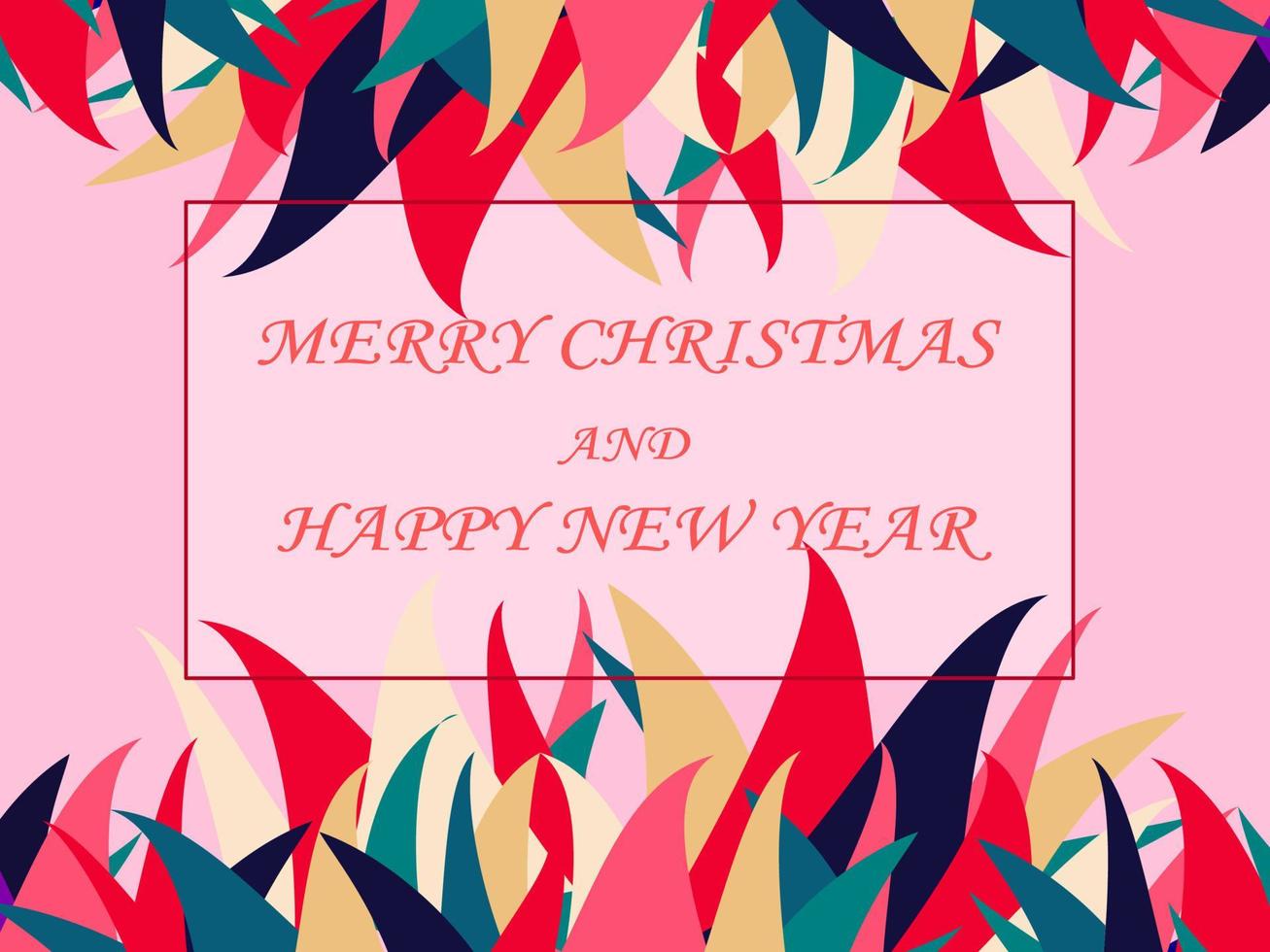 Vector design, sweet and nice greeting of Merry Christmas and happy new year on pink red background with top and bottom leaves colors of Christmas theme, red, green, white tone.