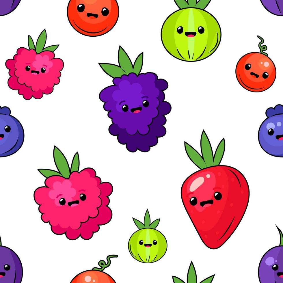 frutas para niños. lindos personajes de bayas ilustración vectorial, verano de kawaii de dibujos animados de jugo saludable. patrón transparente sobre fondo blanco. bayas frescas, frambuesa, grosella espinosa, arándano rojo, arándano vector