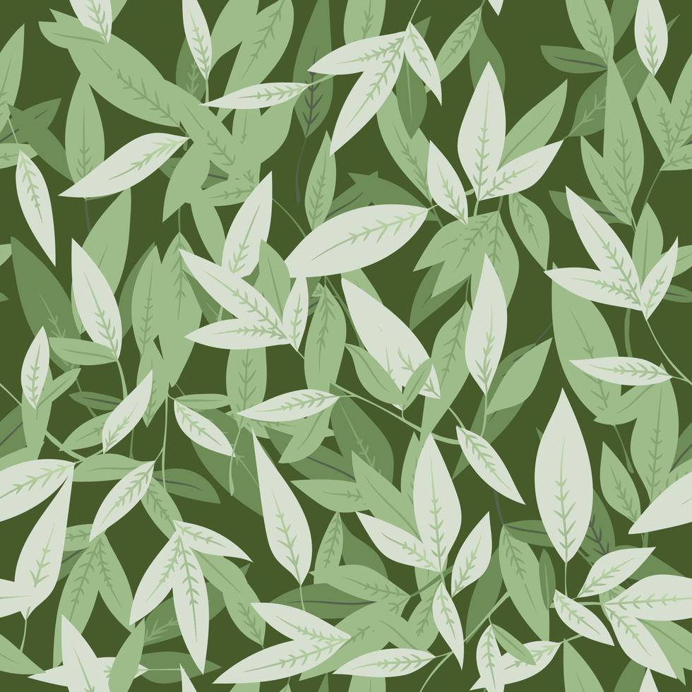 planta de vid dibujada a mano en verde claro sobre un fondo oscuro patrón sin costuras de hojas en capas con sombras en un diseño de vector de naturaleza floral