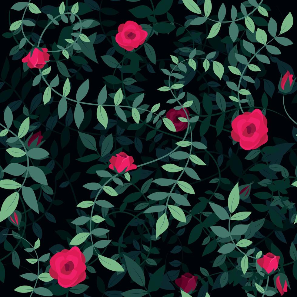 Floral background design featuring a climbing vine plant with leaves and red roses flowers in layers with shadows. Seamless vector pattern illustration in navy, green and red