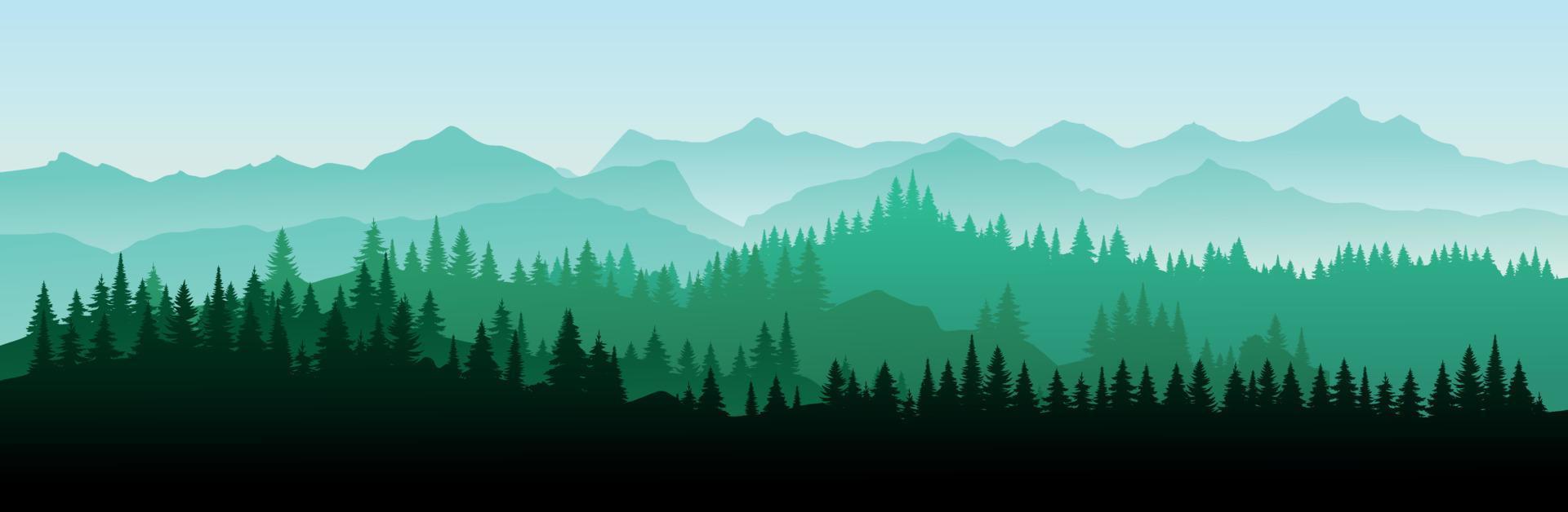 ilustración vectorial del bosque humeante del paisaje de verano, montañas de niebla verde, fondo de senderismo en estilo de pancarta plana vector