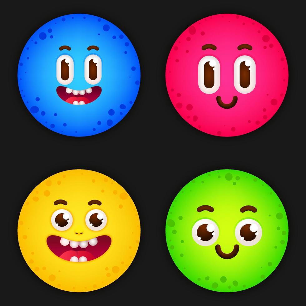 cara divertida de dibujos animados. los gráficos vectoriales de stock establecen emoticones o ilustraciones de caritas sonrientes azules, rojas, amarillas y verdes. lindas emociones divertidas con ojos grandes vector