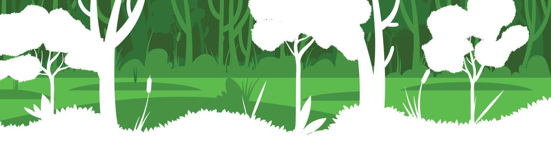 ilustración de escena vectorial de hermoso paisaje primaveral, árboles verdes en capas, color brillante, fondo de pantano en estilo de dibujos animados de papel de pancarta plana vector