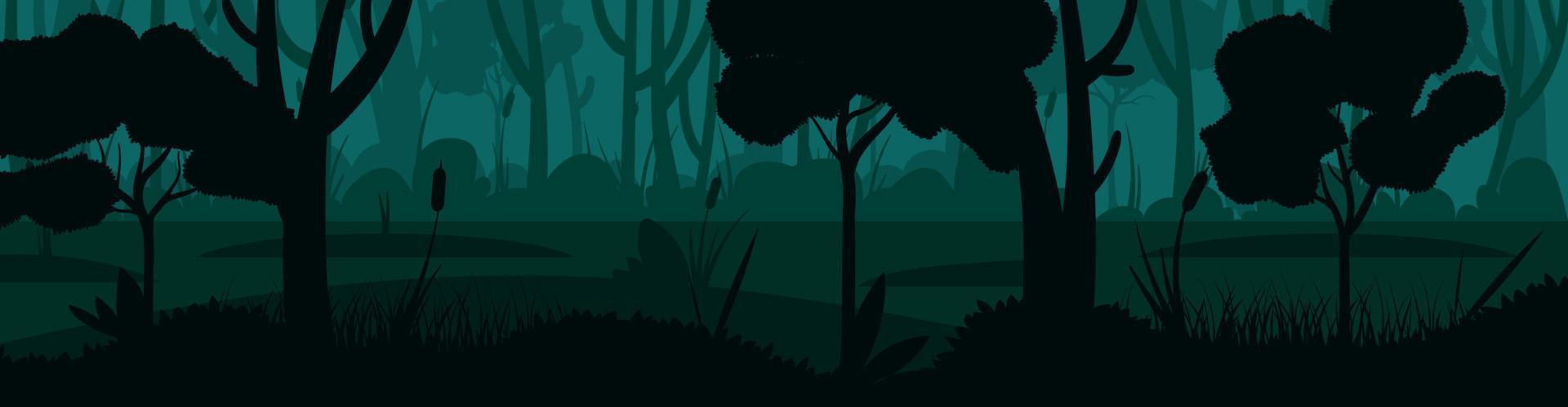 Vector scene illustration of beautiful night landscape, layered green silhouette trees, forest swamp background in flat banner paper cartoon style