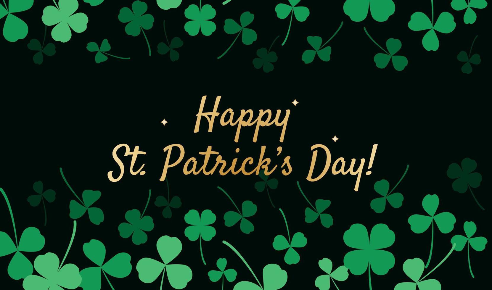 Happy St. Patrick's day celebration greeting banner card vector illustration template. On dark background with green clover leaves