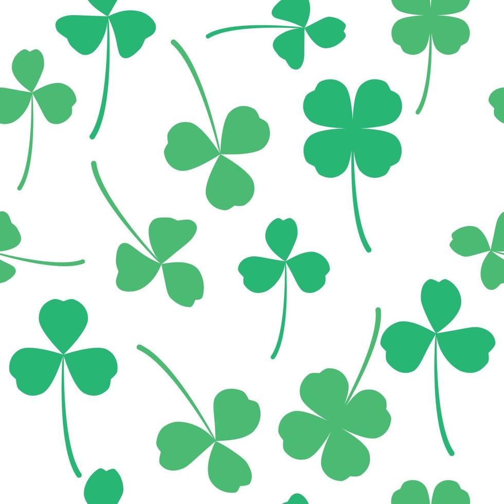 Green and white pattern clover leaf seamless vector shamrock template for St. Patrick's day. Texture clover three and four leaves good luck