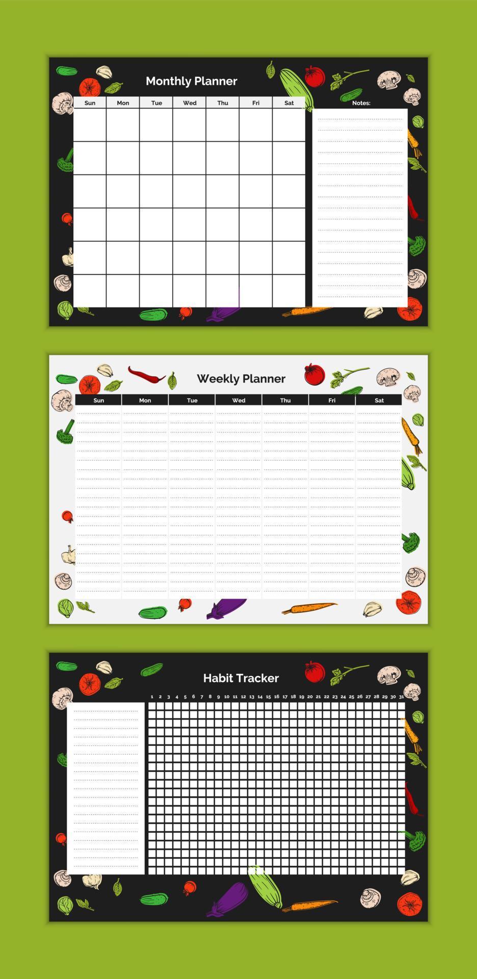 Set of food diary vector weekly, month planner design template, habit