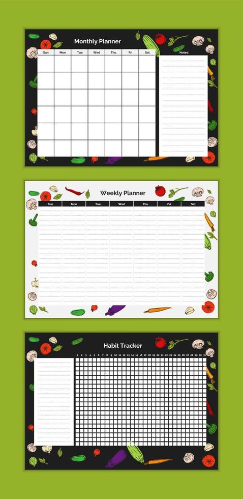 conjunto de vector de diario de alimentos semanal, plantilla de diseño de planificador mensual, rastreador de hábitos. organizador de dietas y bloc de notas con verduras. Lista de tareas imprimibles del horario del calendario.