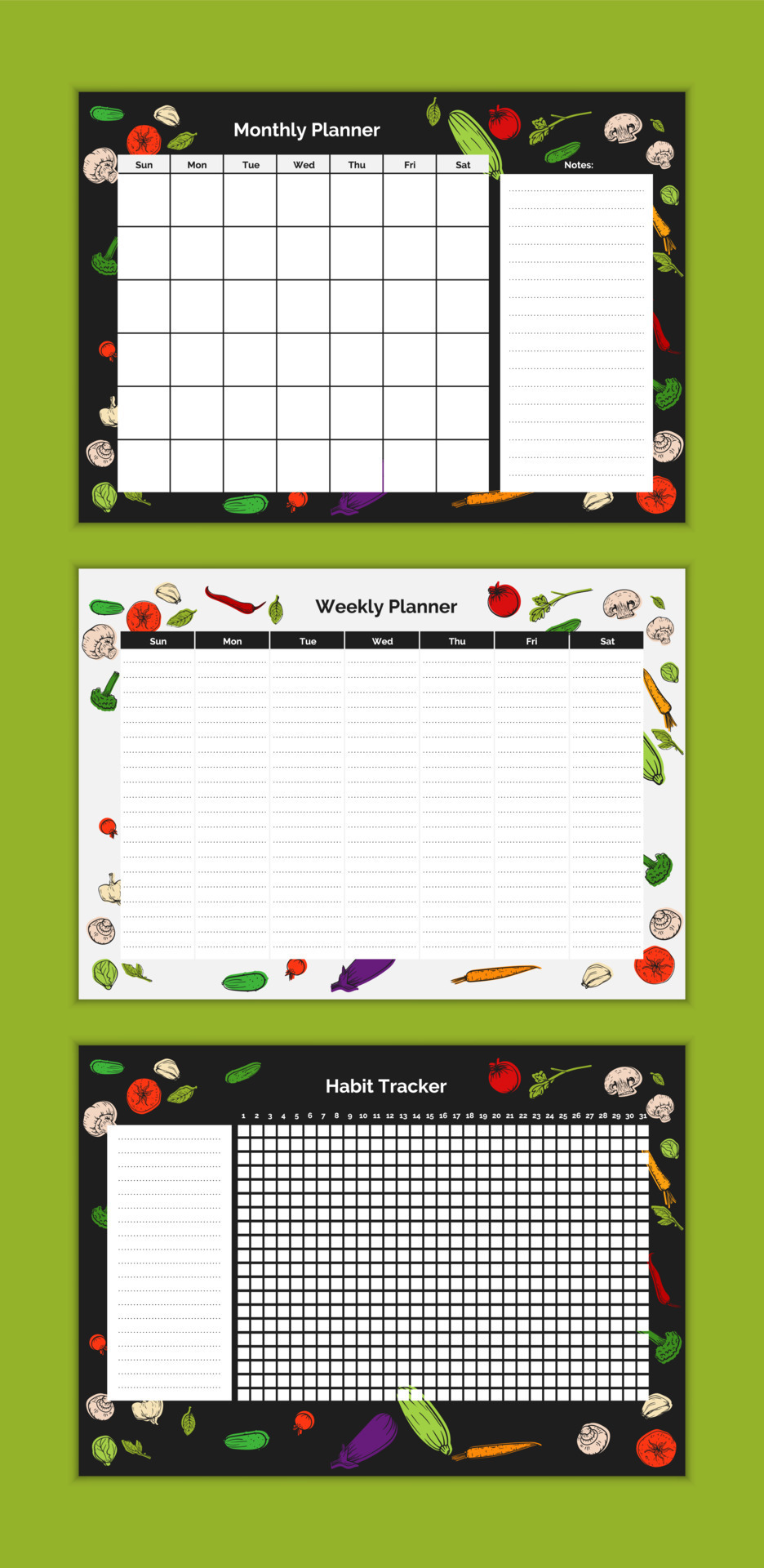 Set of food diary vector weekly, month planner design template, habit ...