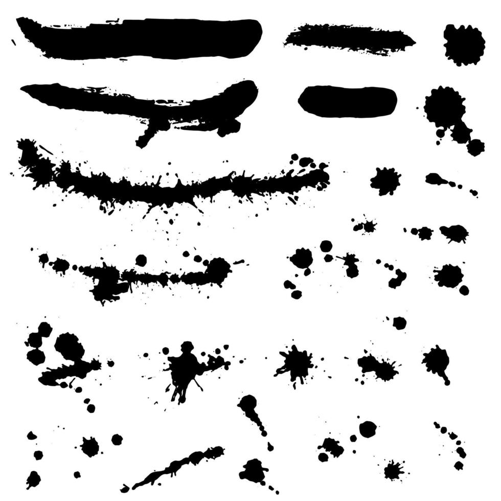 gran colección de pintura negra, trazos de pincel de tinta, pinceles, gotas, puntos grunge. elementos de decoración sucios, cajas, marcos. cuadros de texto de spray de salpicaduras de sangre. pancartas de textura de socorro vectorial. vector