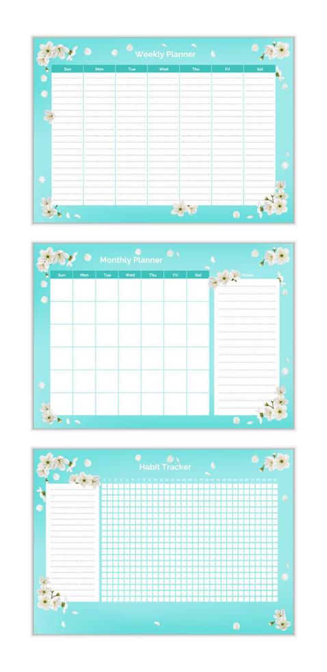 Set of cute blue vector weekly, month planner design template, habit tracker. Elegant spring flowers organizer and notepad for study, school or work. Calendar schedule printable to-do list.