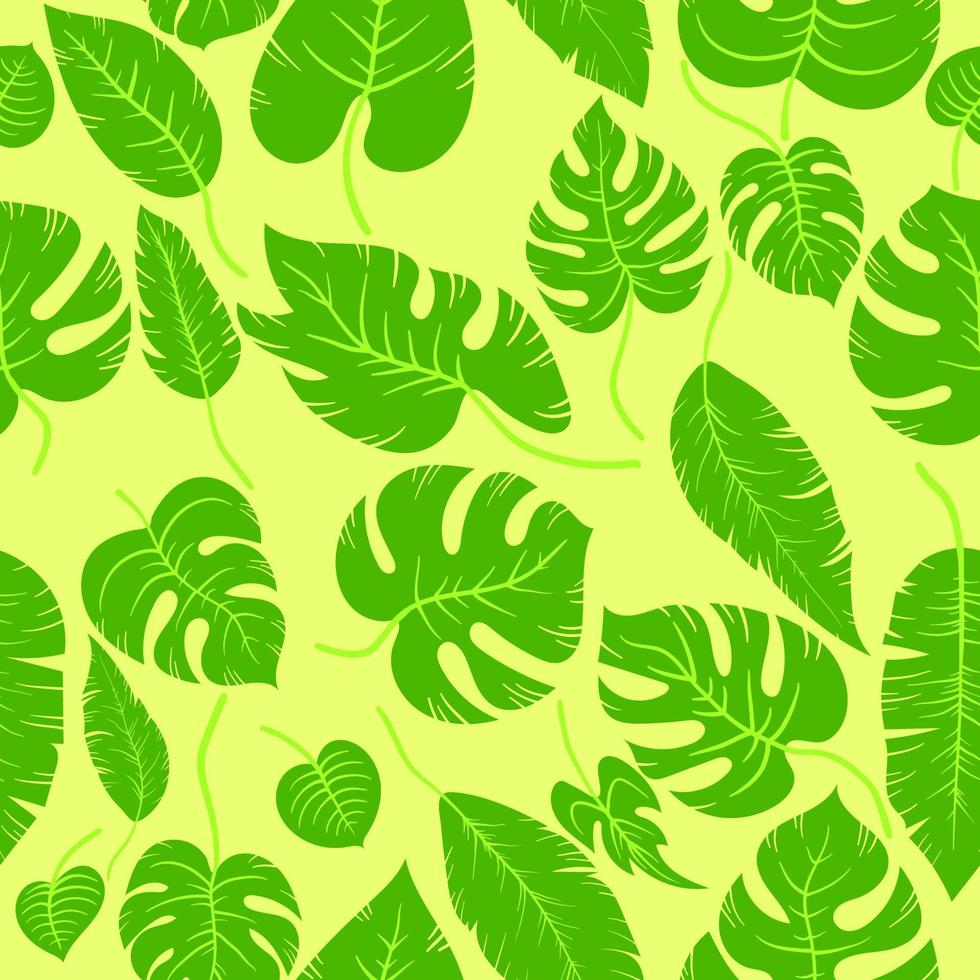 Hand drawn simple leaf monstera and palm leaves. Seamless vector cartoon yellow positive summer tropic leaves jungle plant pattern in layers with shadows. Wallpaper, wrapping, and background.