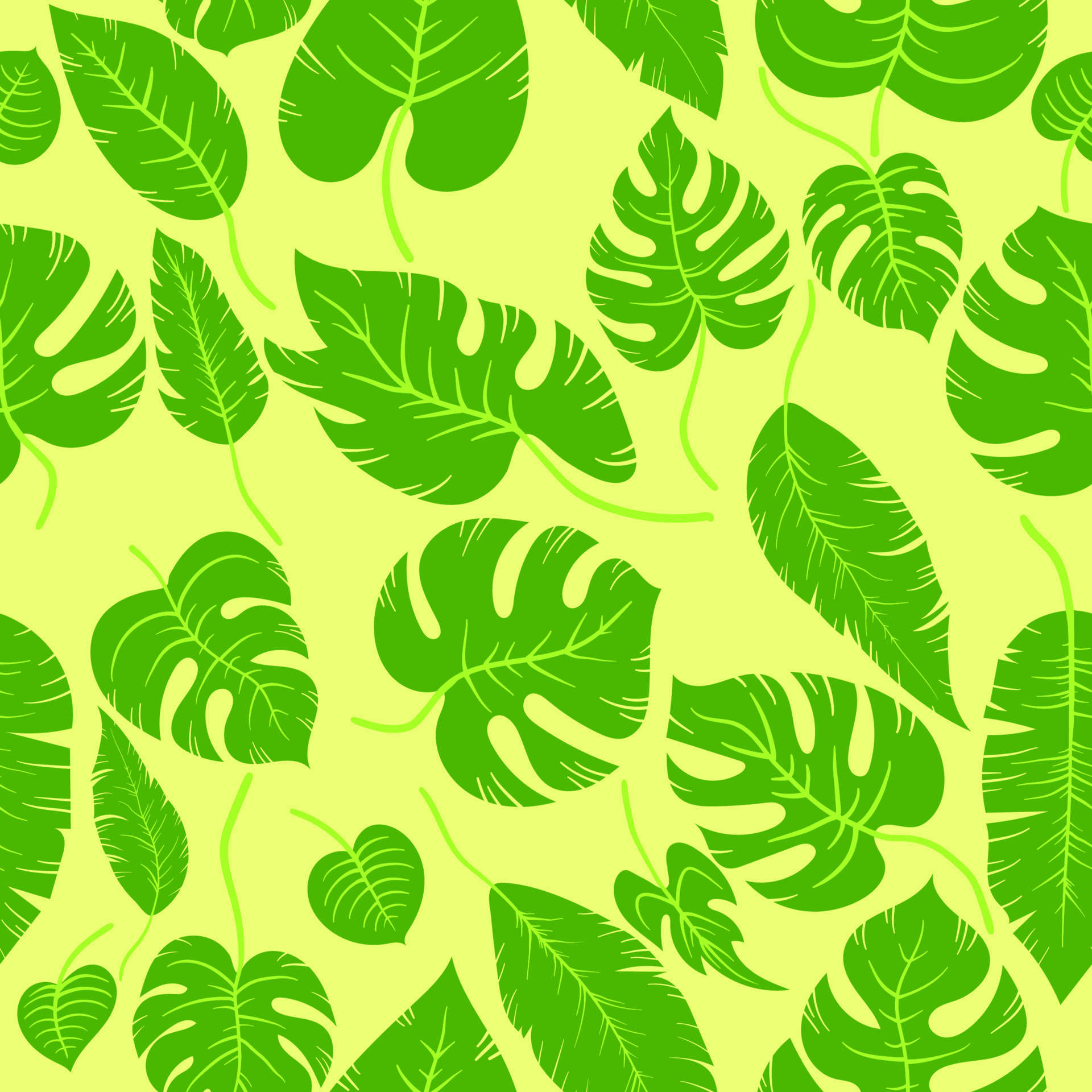 Hand drawn simple leaf monstera and palm leaves. Seamless vector cartoon yellow positive summer tropic leaves jungle plant pattern in layers with shadows. Wallpaper, wrapping, and background. 7633626 Vector Art at Vecteezy Hand drawn simple leaf monstera and palm leaves. Seamless vector cartoon yellow positive summer tropic leaves jungle plant pattern in layers with shadows. Wallpaper, wrapping, and background. 7633626 Vector Art at Vecteezy