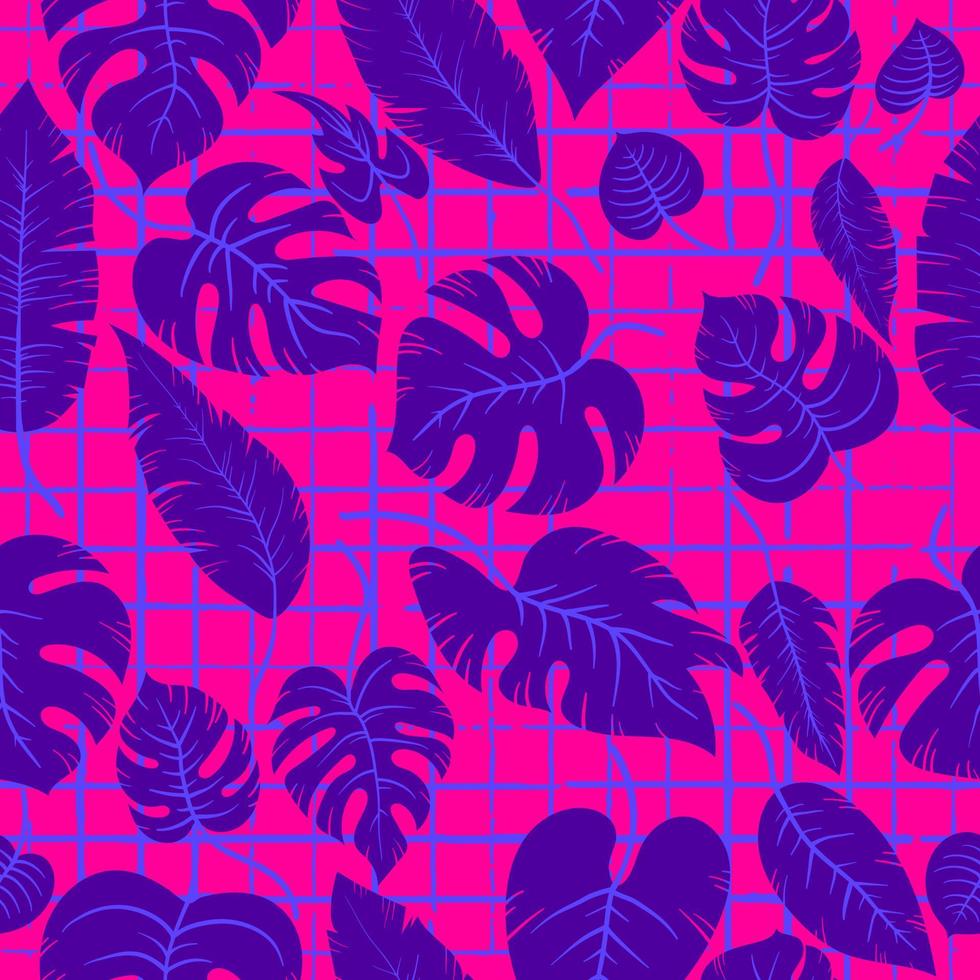 Seamless vintage ink pattern of tropical exotic leaves of different types. Jungle plants. Monstera and palm leaves. Grunge neon pink vector background.