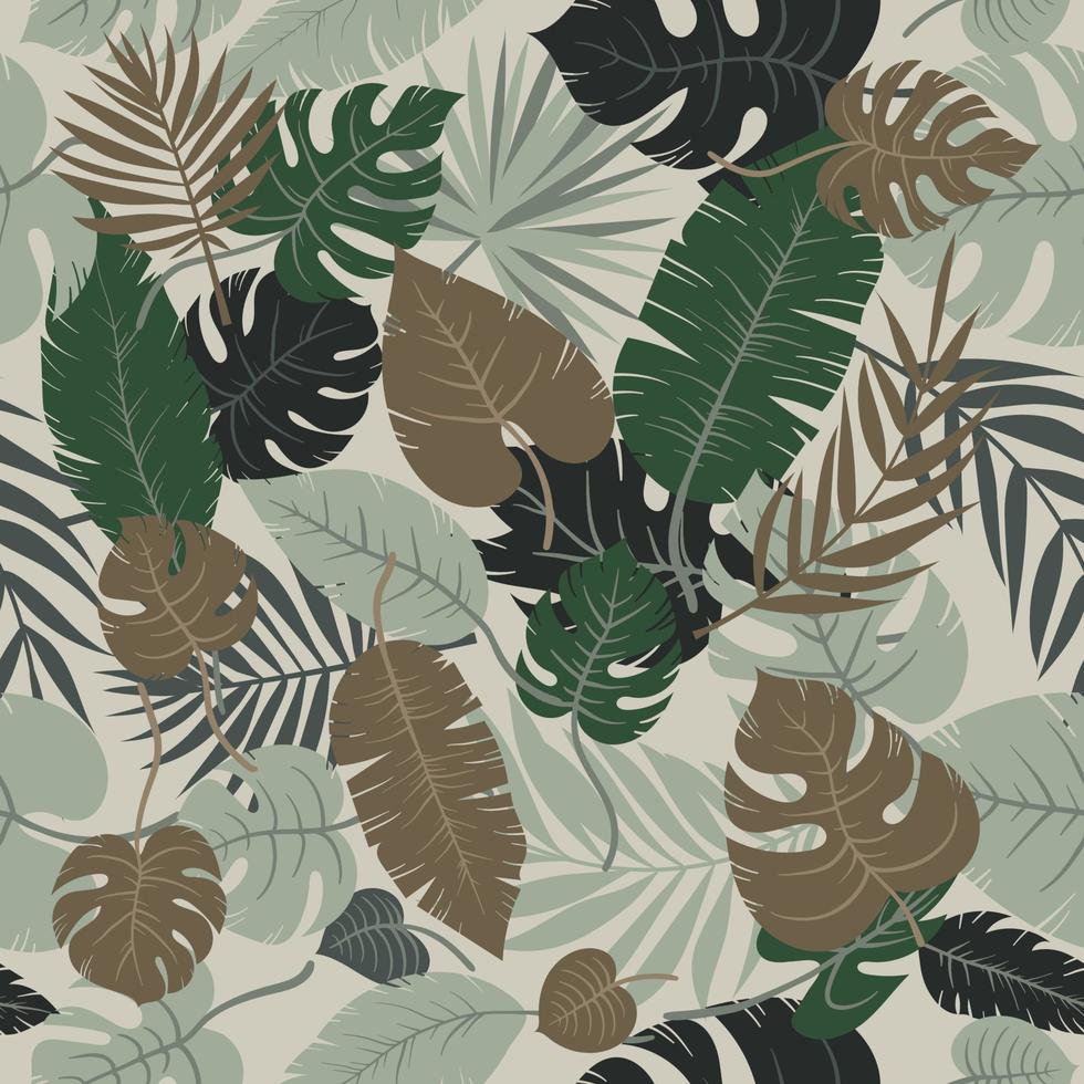 monstera y hojas de palma. vector transparente verde, marrón, beige trópico deja el patrón de la planta de la selva en capas. adecuado para papel tapiz de moda, envoltura y fondo.