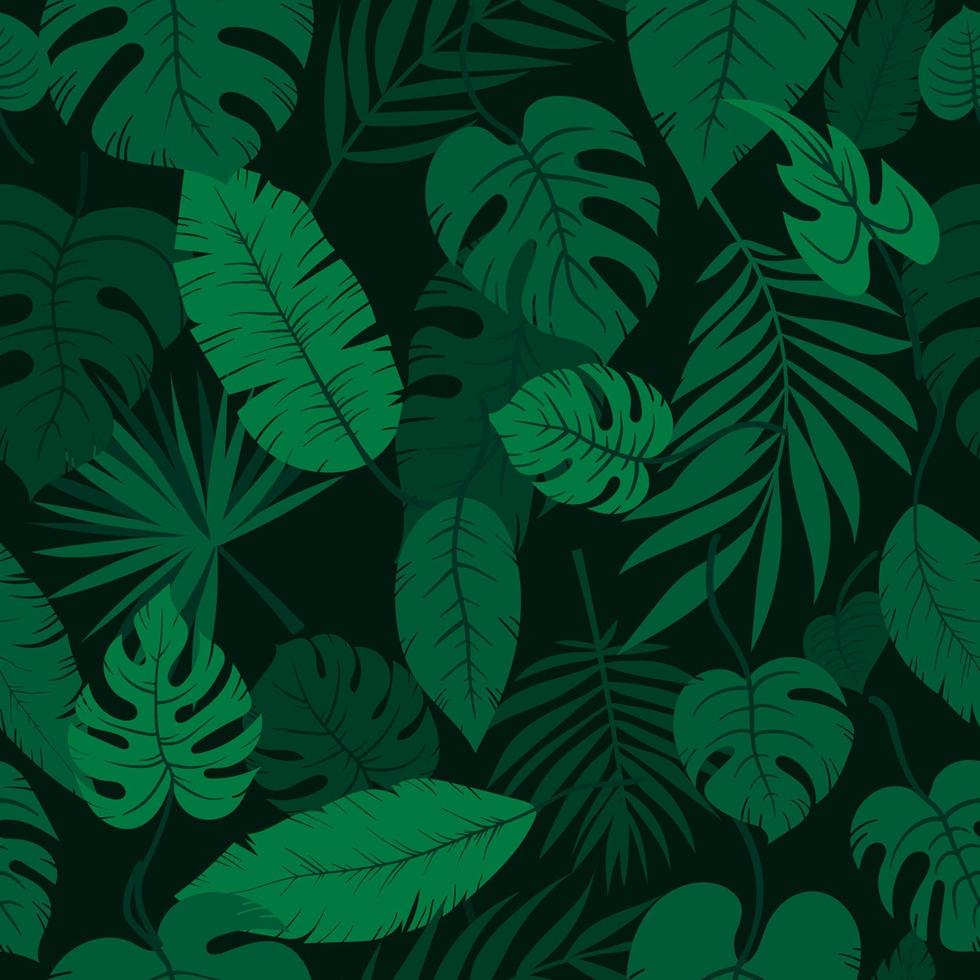 Hand drawn leaf overlay on brunch monstera and palm leaves. Seamless vector cartoon green tropic leaves jungle plant pattern in layers with shadows. Suitable for wallpaper, wrapping, and background.