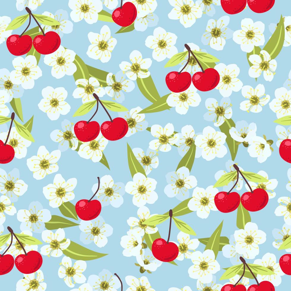 Seamless cute summer cherry pattern with summer berries, fruits, leaves, white flowers background. Vector illustration spring cover, wallpaper texture, wrapping backdrop, vintage packaging.