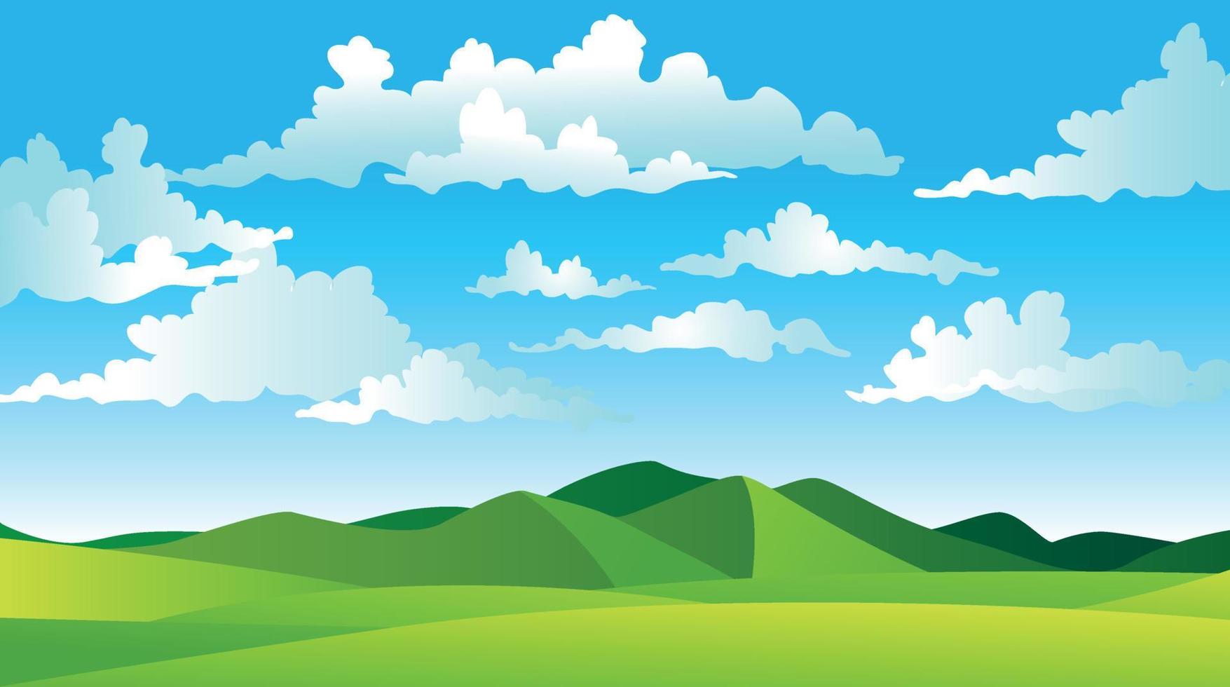 Cartoon flat panorama of spring summer beautiful nature, green grasslands meadow with mountains on horizon background, summer mountain landscape, dawn over the valley. Vector illustration