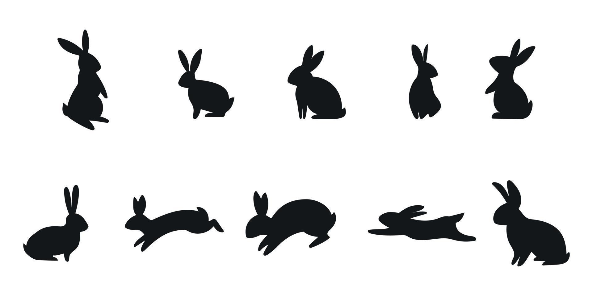 Easter holiday bunnies silhouette set in different shapes and actions isolated on white background. Cartoon vector illustration of rabbits and hares element