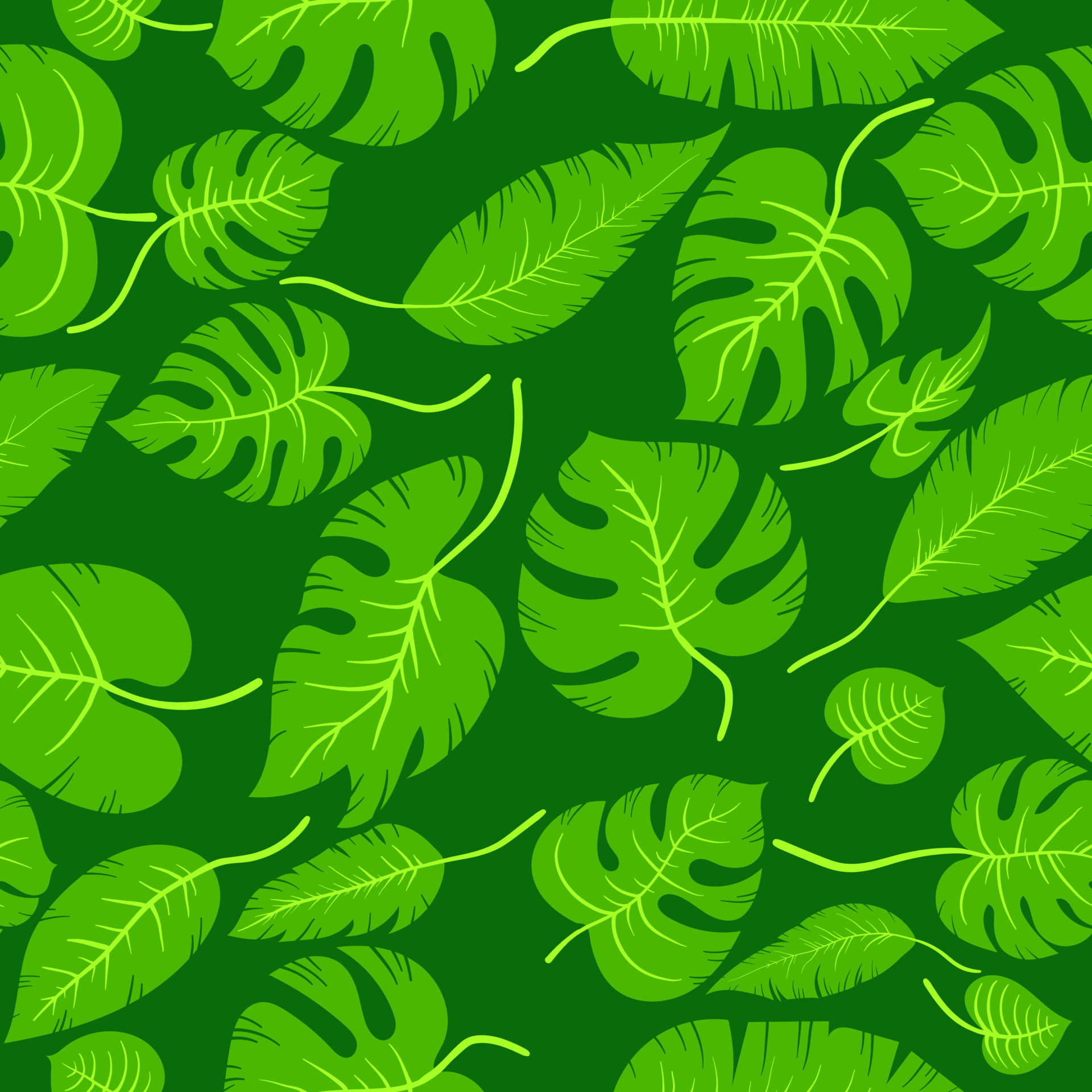 Hand drawn simple leaf brunch monstera and palm leaves. Seamless vector  cartoon green tropic leaves jungle plant pattern in layers with shadows.  Wallpaper, wrapping, and background. 7633702 Vector Art at Vecteezy