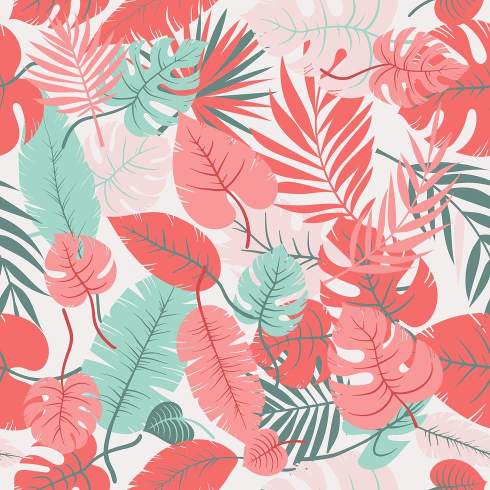 monstera y hojas de palma. vector transparente verde, coral, beige trópico deja el patrón de la planta de la selva en capas. adecuado para papel tapiz de moda, envoltura y fondo.
