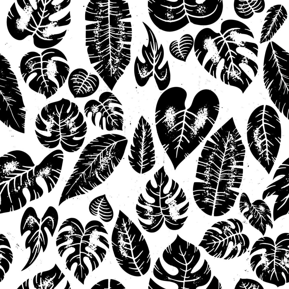 vector sin costuras trópico negro deja patrón de planta de selva hojas exóticas tropicales vintage de diferentes tipos. plantas de la selva hibisco, monstera y hojas de palma. fondo botánico negro grunge.