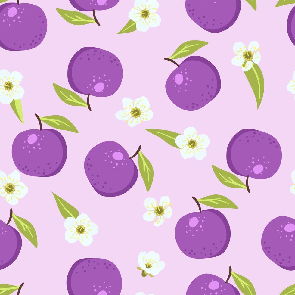 Seamless violet summer plum pattern with  fruits, leaves, white flowers background. Vector illustration spring cover, wallpaper texture, wrapping backdrop, vintage packaging.