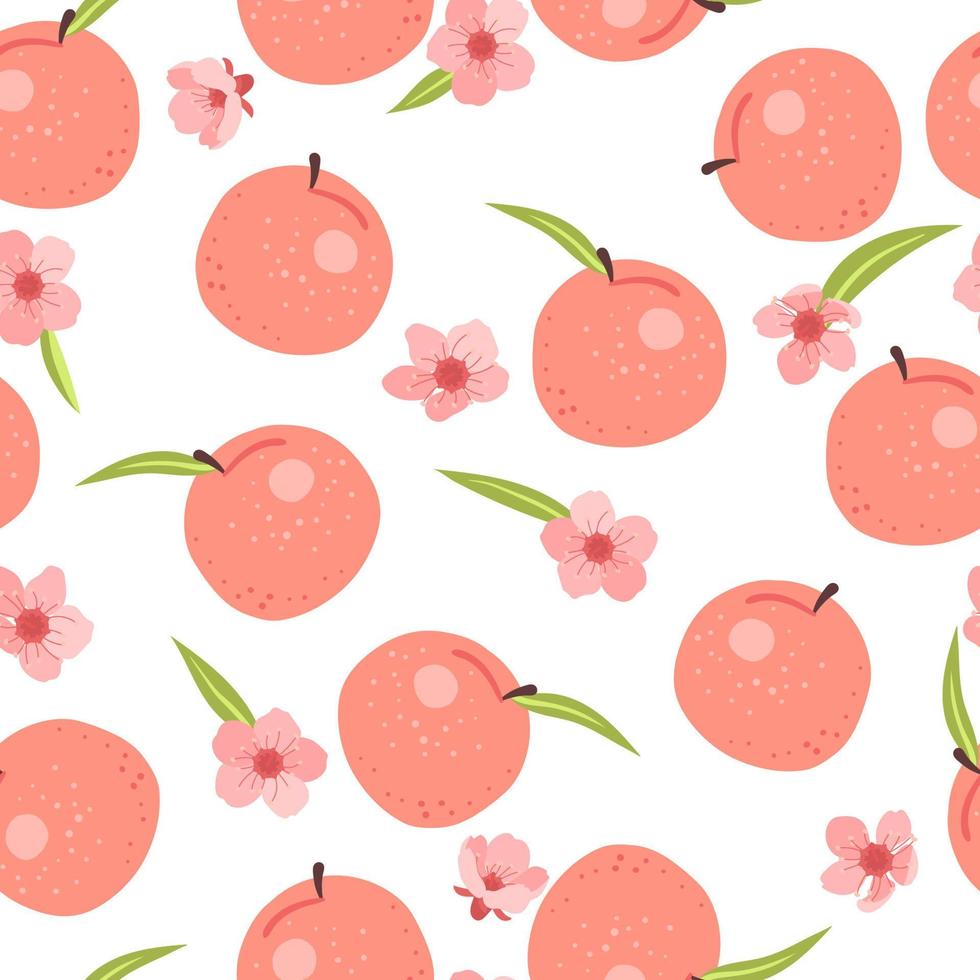 Seamless peach summer pattern with fruits, leaves, pink flowers background. Vector illustration spring cover, wallpaper texture, wrapping backdrop, vintage cute packaging.